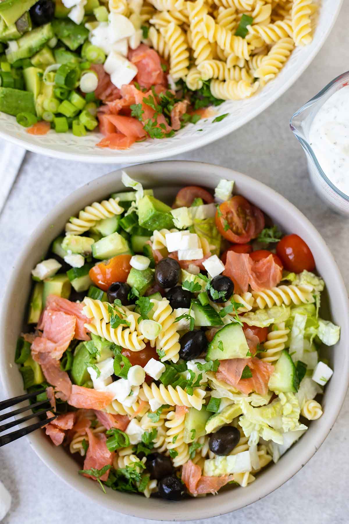 smoked salmon pasta salad in a bowl.