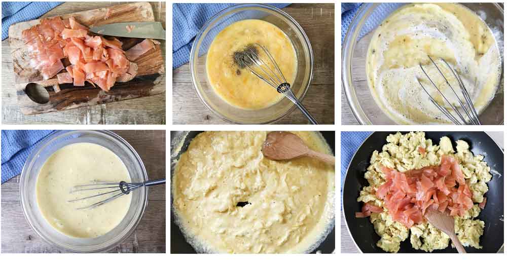 Step-by-step instructions for how to make smoked salmon scrambled eggs recipe.