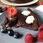 flourless, keto, sugar free lava cake has a lovely liquid chocolate centre.