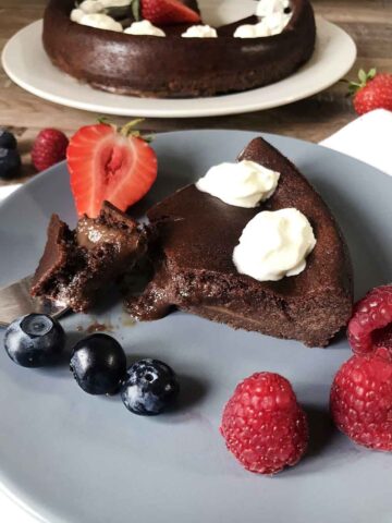 flourless, keto, sugar free lava cake has a lovely liquid chocolate centre.