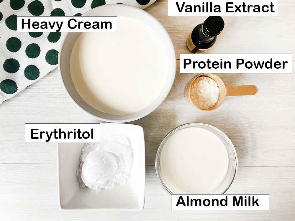 Ingredients for making keto vanilla protein ice cream.