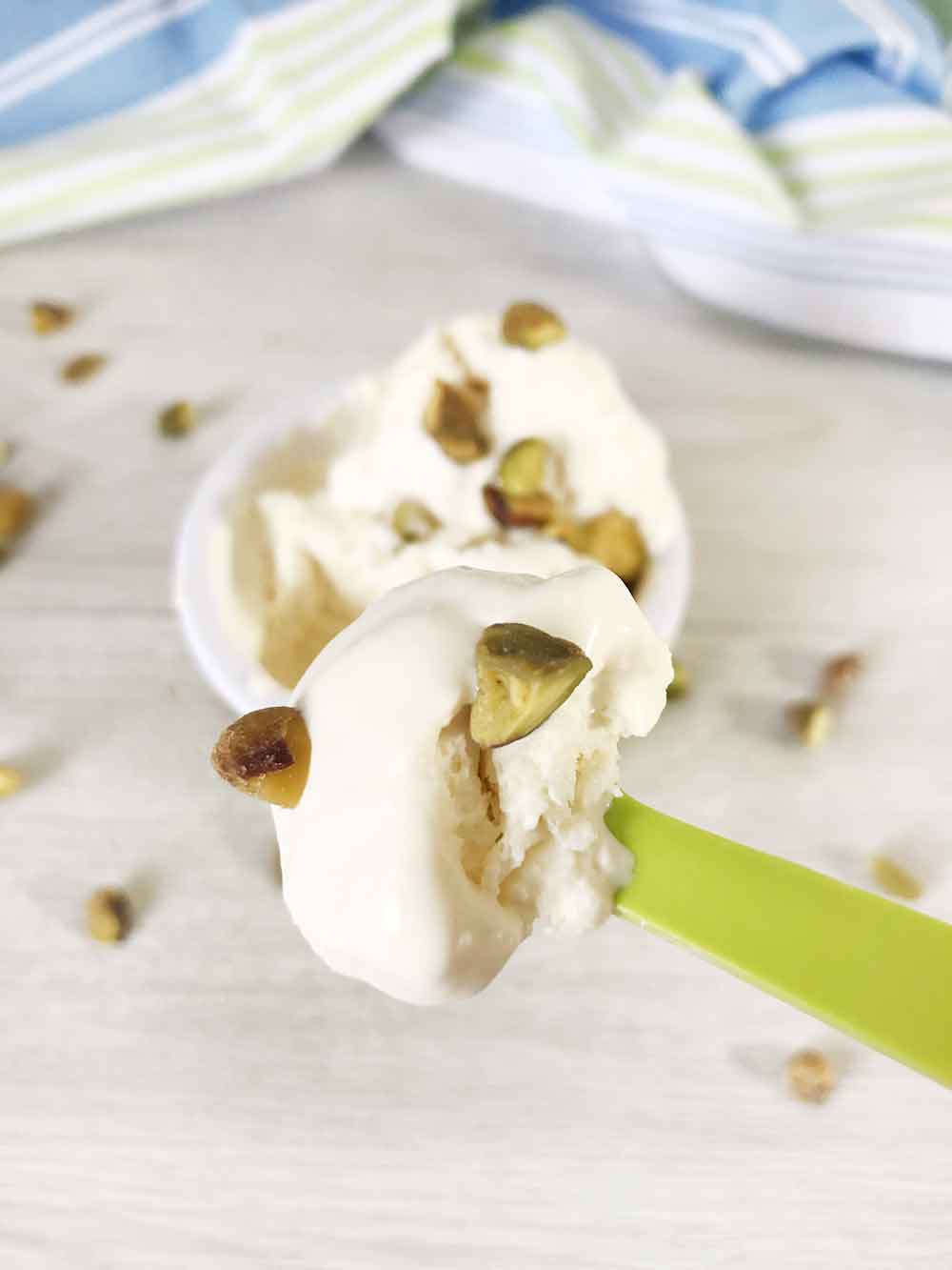 A spoonful of no egg keto vanilla protein ice cream.