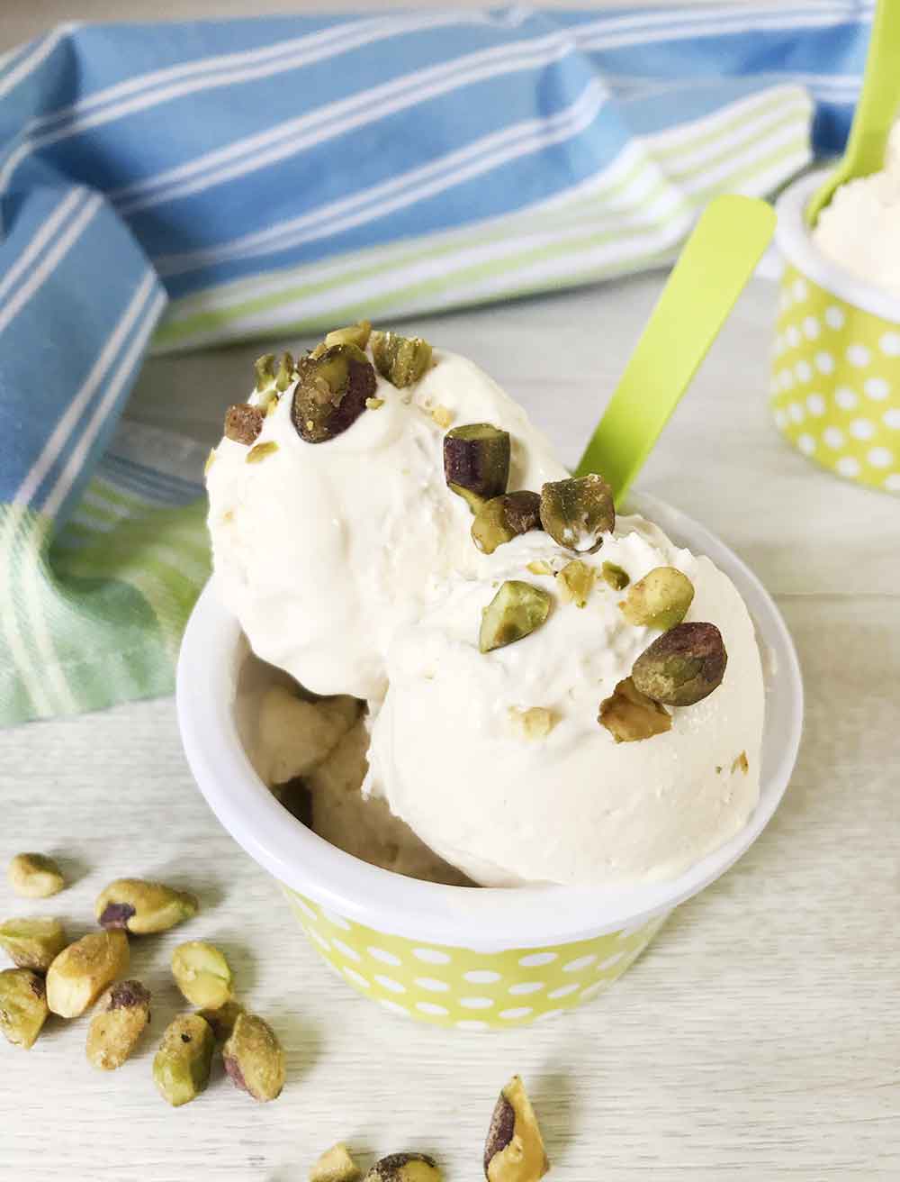 No egg keto vanilla protein ice cream topped with pistachio.