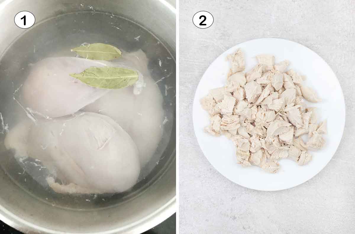 Boil the chicken and bay leaves for 12-15 min, then cut them into small chunks.