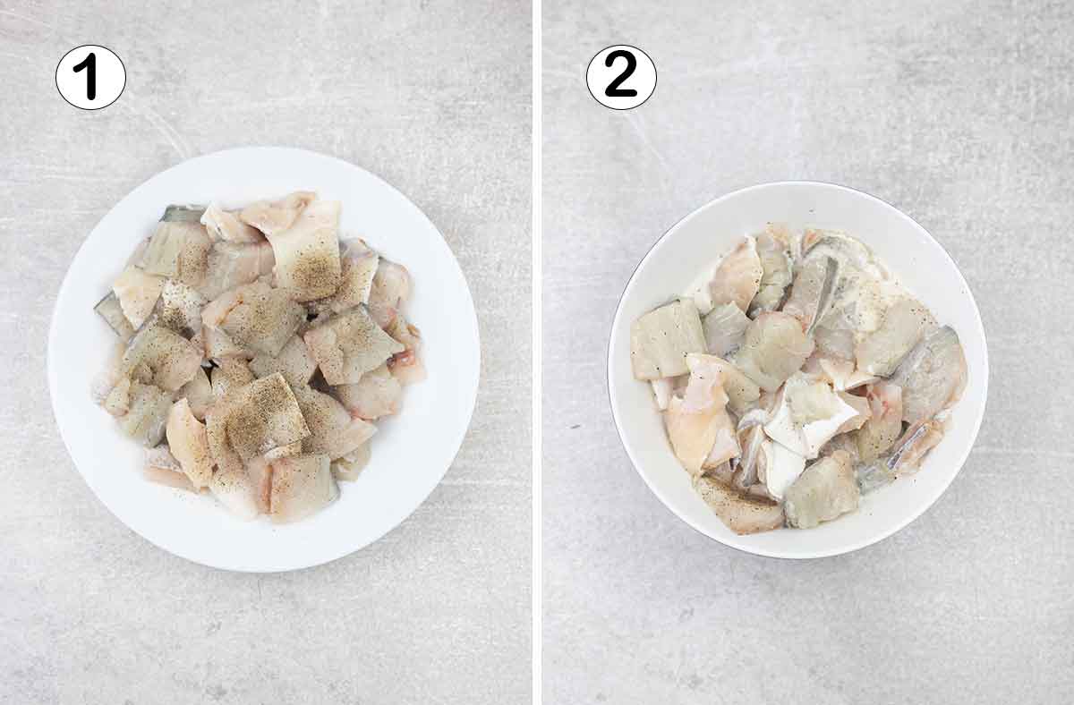 cut your Fish into bite-size pieces and sprinkle with salt and pepper then toss in the cornstarch mixture.