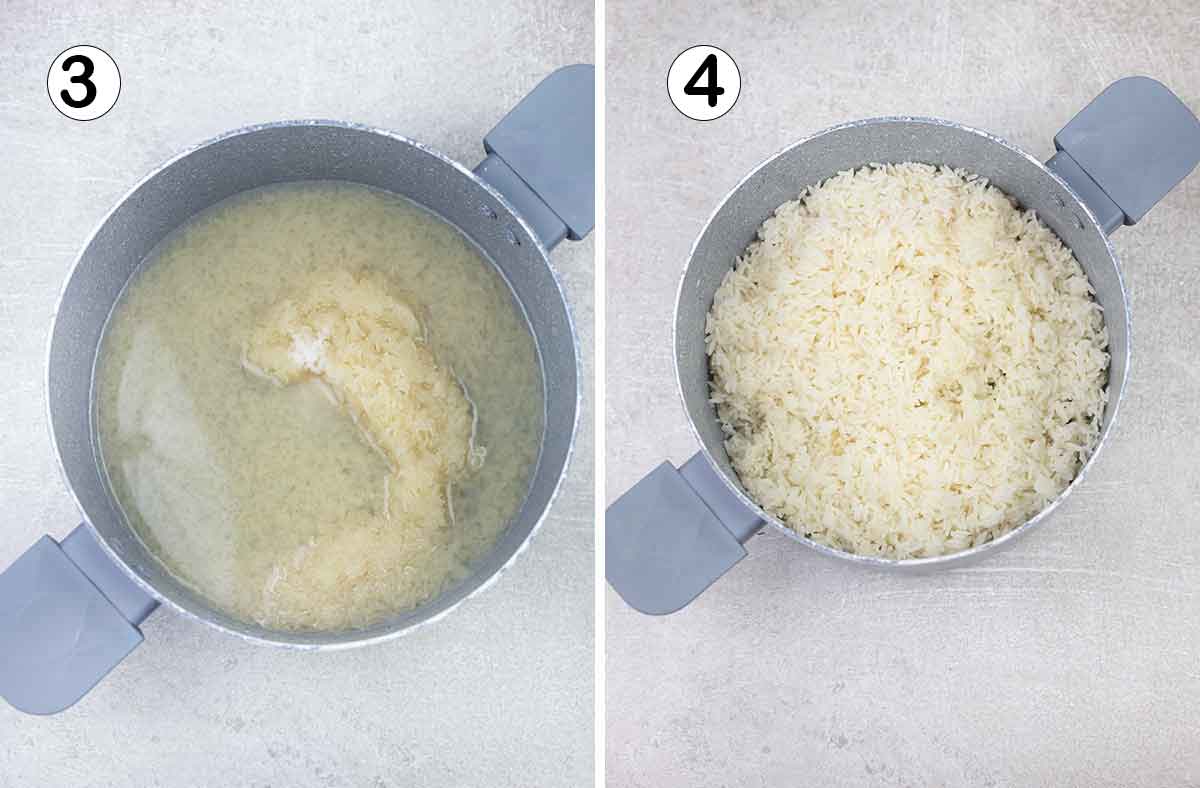 Cook the rice in a pot.