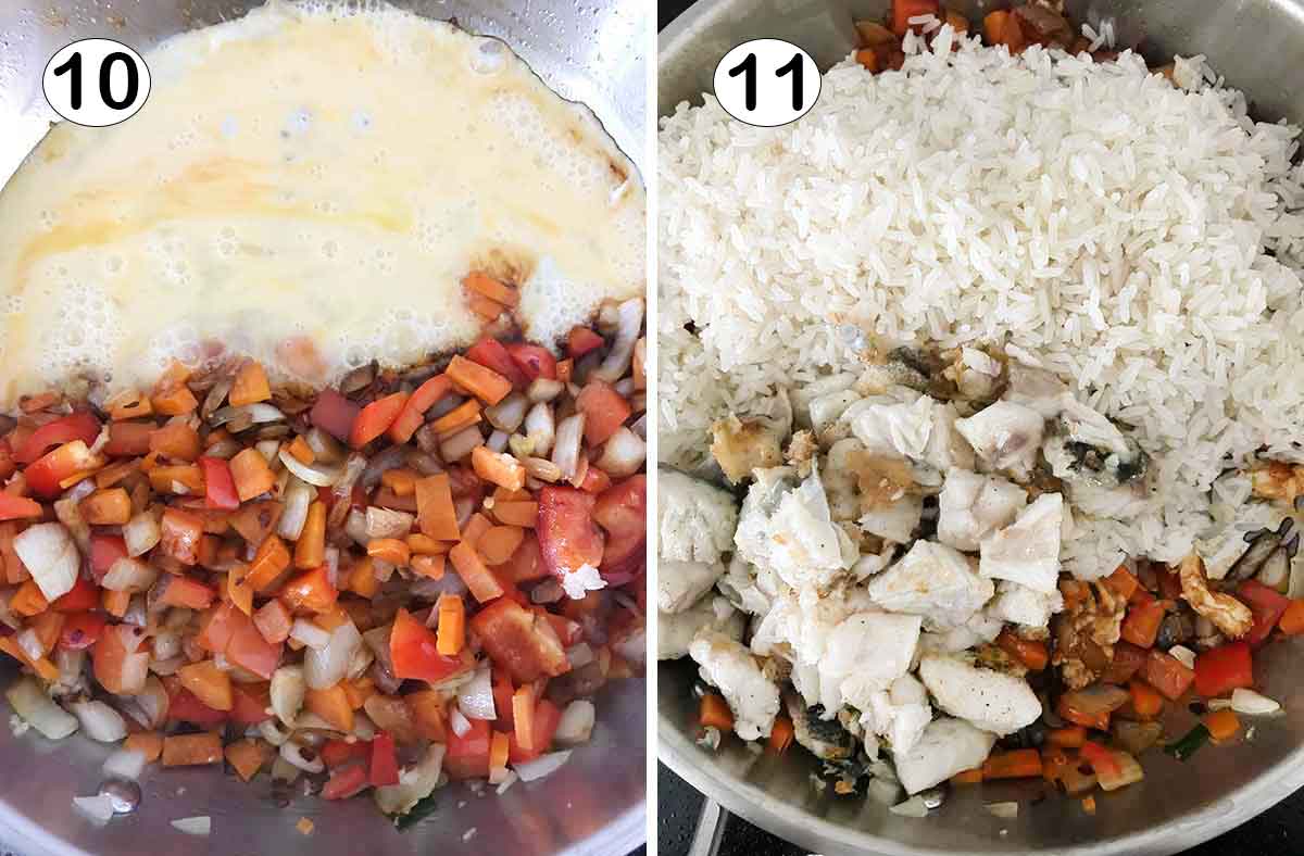 Cook the egg then mix in the rice and cooked fish.