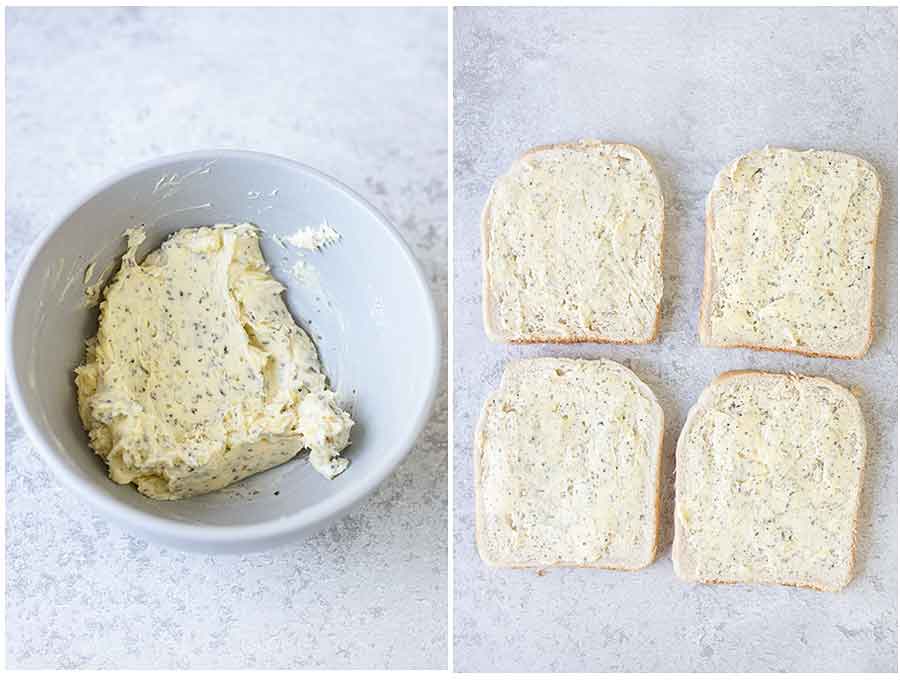 Spread a tablespoon of the butter mixture on one side of each bread slice.
