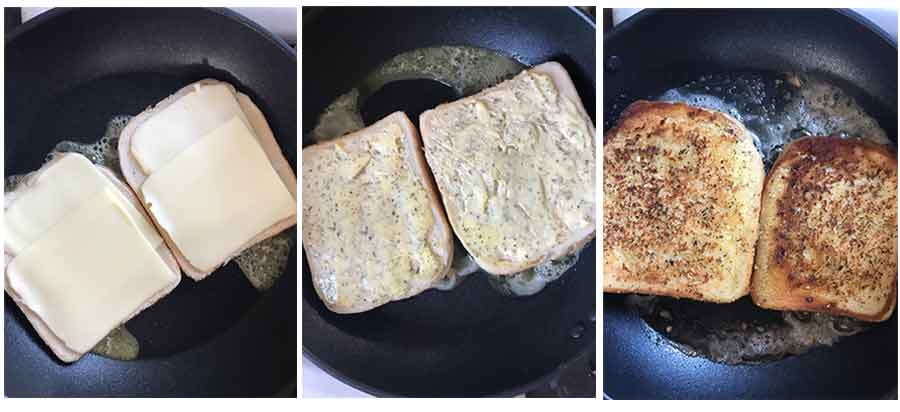 Step by step photo collage of cooking the grilled cheese sandwich.