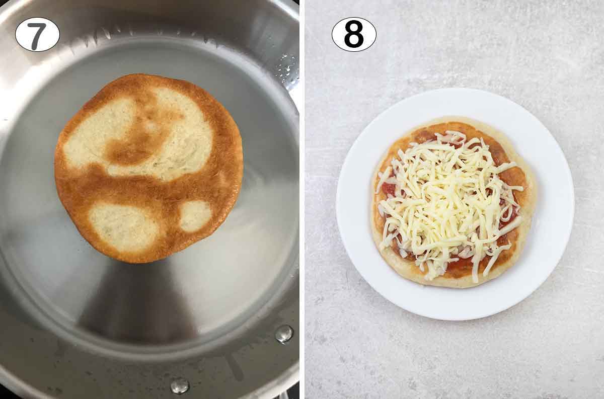 Fry the pizza dough until golden brown then top with the sauce and cheese.