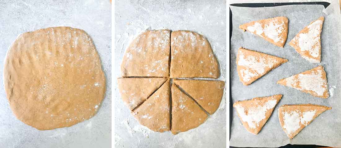 shape the scone dough to a circle, then cut the it into 8 equal wedges.