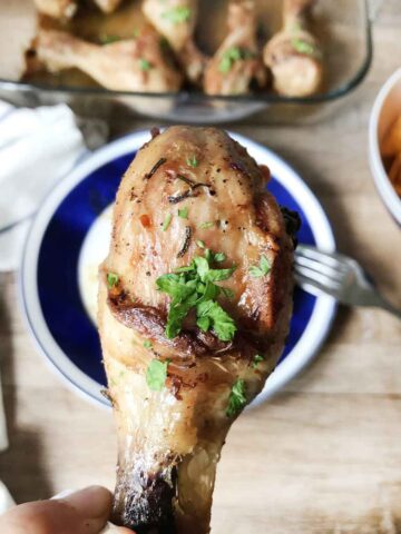 One chicken drumstick baked at 400 F.