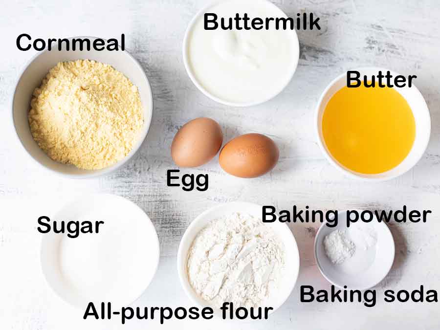 Labeled ingredients for the cornbread cake recipe.