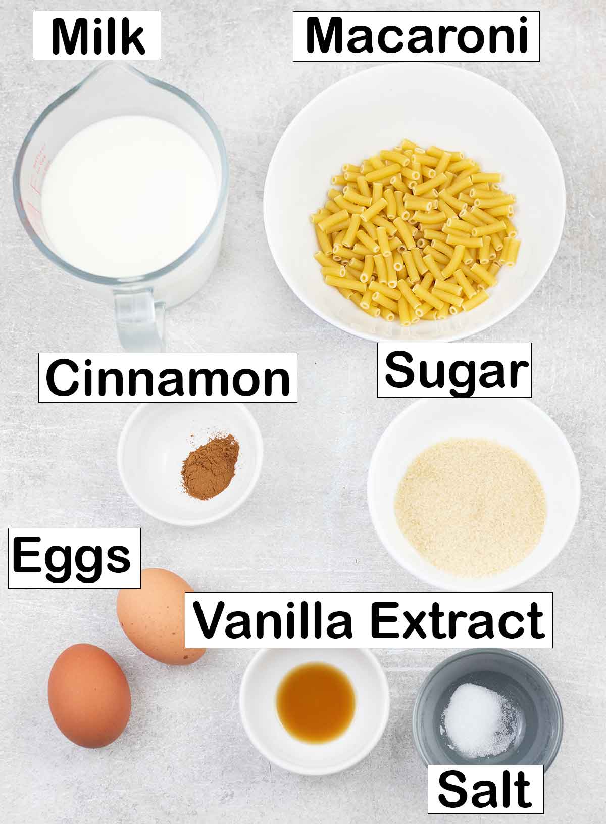 Labeled ingredients for the macaroni pudding recipe.