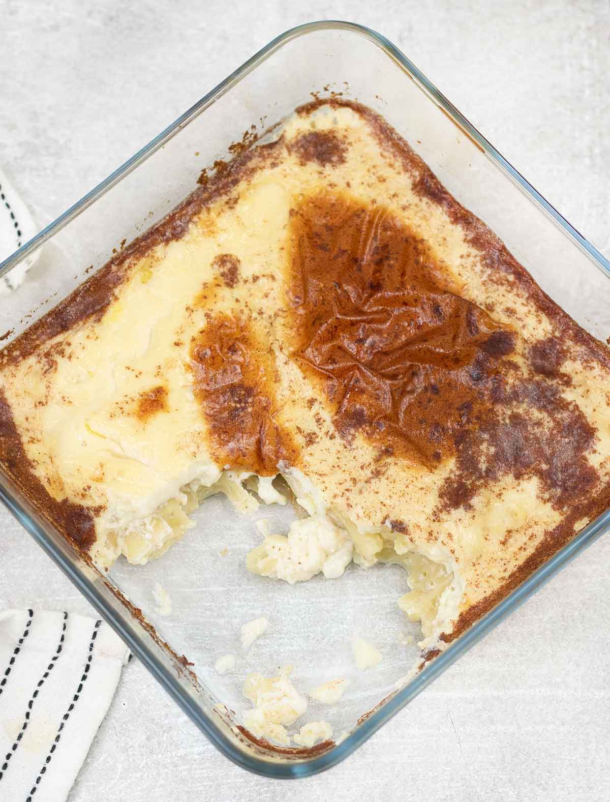 macaroni pudding in a baking pan.