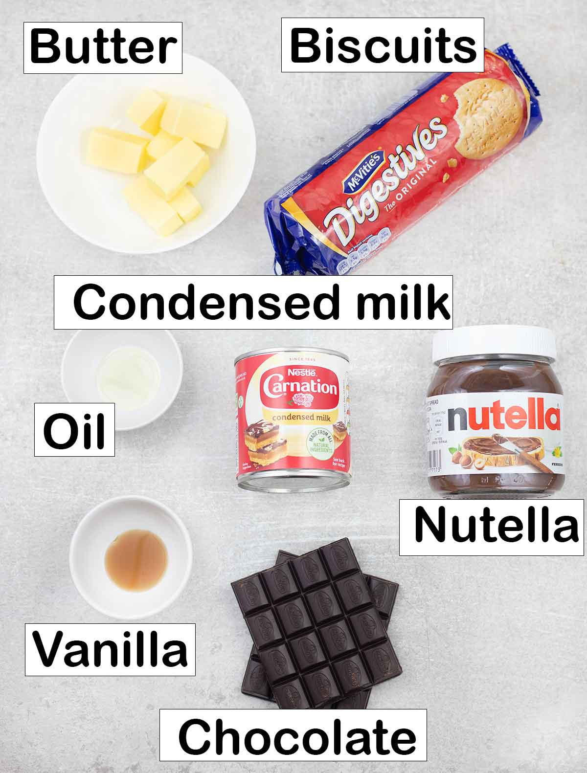 Labeled ingredients for the Nutella slice recipe