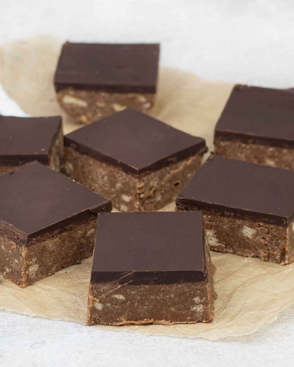 Nutella slices are cut into squares and set on the table.