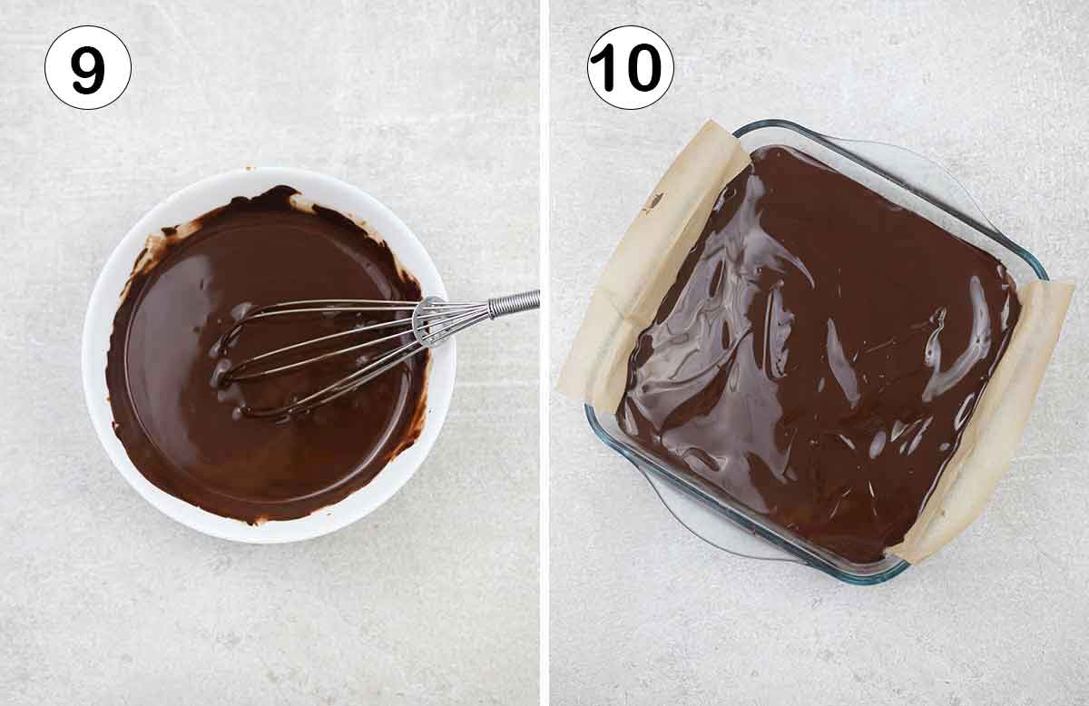 Microwave the chocolate and oil until melted then spreed on top of the biscuit crumbs mixture.