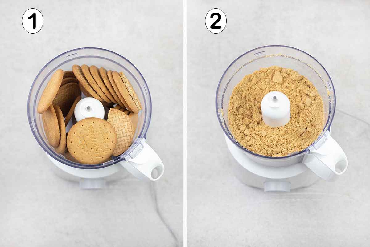 Put the plain biscuits in the food processor and blitz until crumbles.