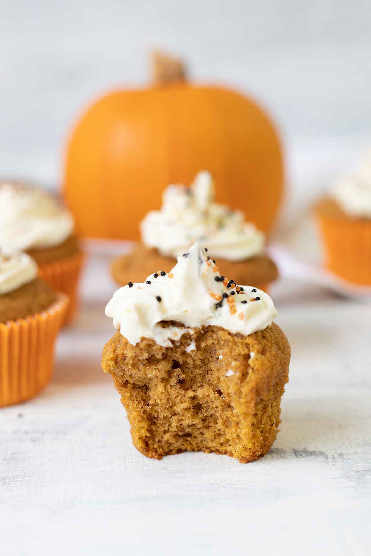 A bite of the pumpkin spice cupcake.