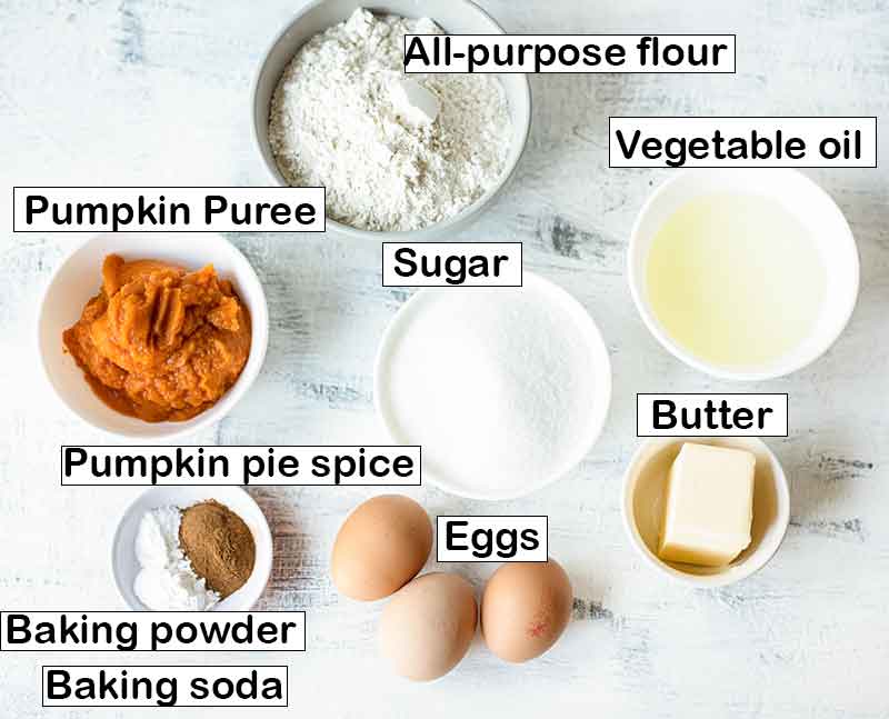 Labeled ingredients for the pumpkin spice cupcakes recipe.