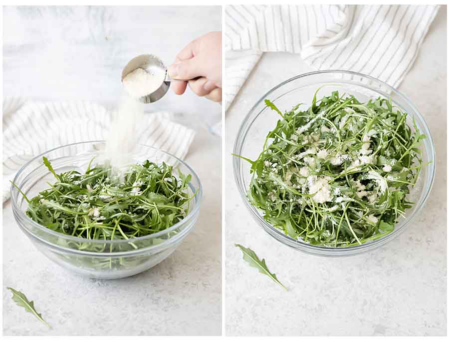 Mix the rocket leaves and sprinkle with parmesan cheese.