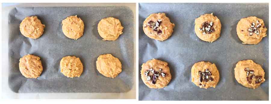 Spoon the cookie dough into the baking sheet and top with pecans.