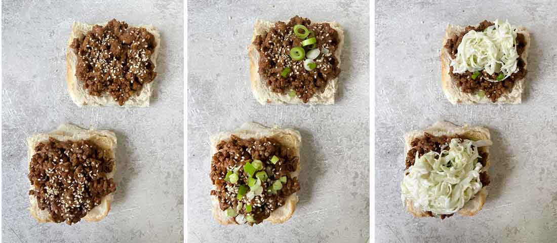 Add 2 tablespoons of sloppy joe in a bun, top with sesame seeds and green onion, then with the coleslaw.