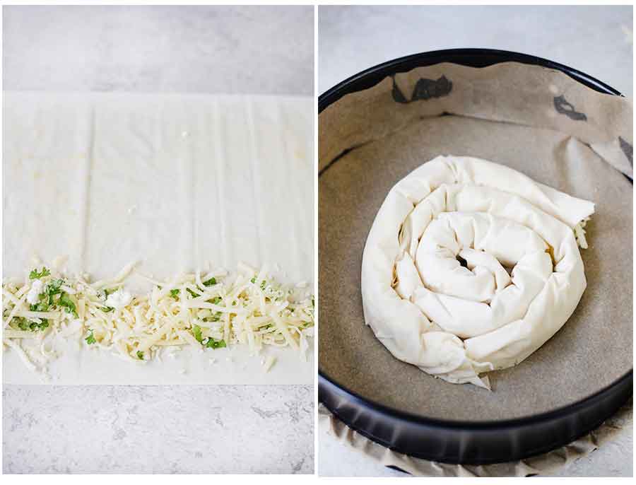 Line a filo sheet on a flat surface, brush with the milk mixture, add spoon of the filling and roll. Swirl to make spiral-shape and put in the pan.