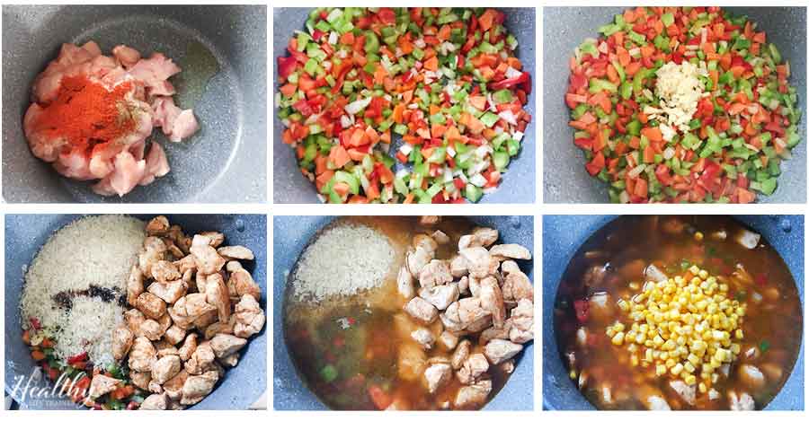 steps of making chicken breast and rice recipe.