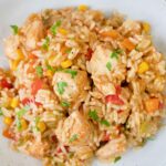 a plate full of chicken breast and rice with lots of veggies.