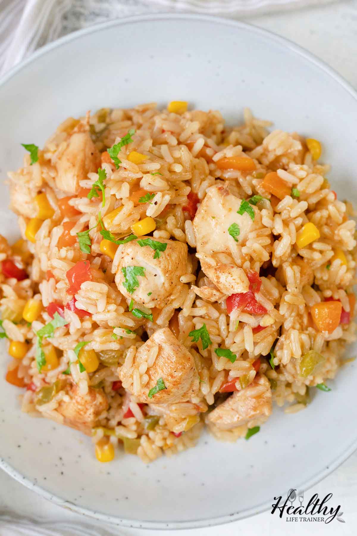 a plate full of chicken breast and rice with lots of veggies.