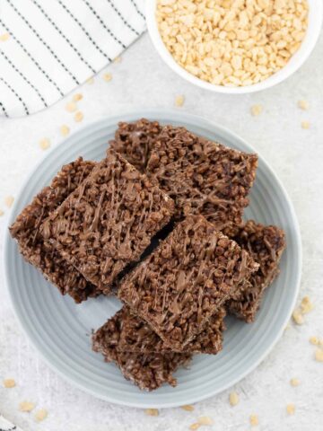 Chocolate rice krispie treats cut into squares and a small bowl of rice krispie.