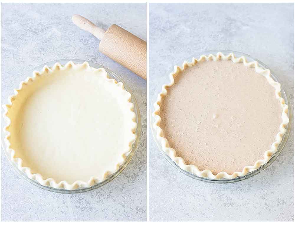 Place the pie crust into a pie dish and pour the pie filling in.