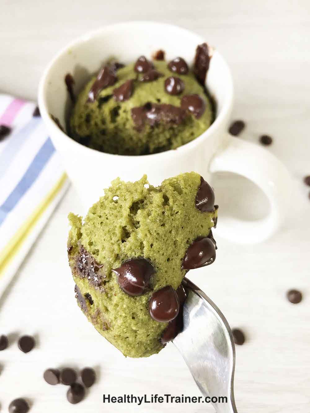 Cut a piece with fork of the keto matcha mug cake recipe.