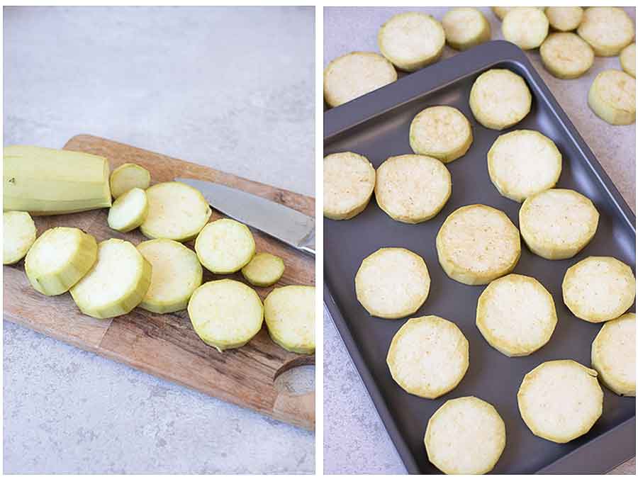 Cut the eggplant into slices and arrange them on a baking sheet.