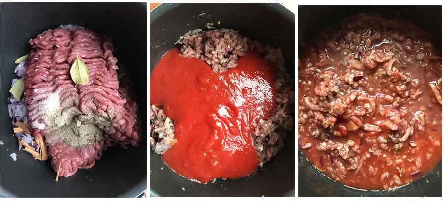 Steps of is cooking the meat sauce.