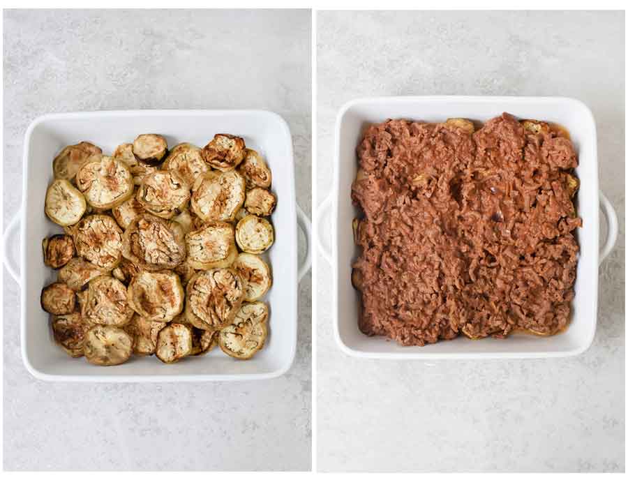 Arrange half of the eggplant slices in the baking dish then top with the meat sauce.