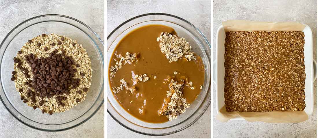 Pour the peanut butter mixture over the oats and the chocolate chips and press the mixture into the baking pan.