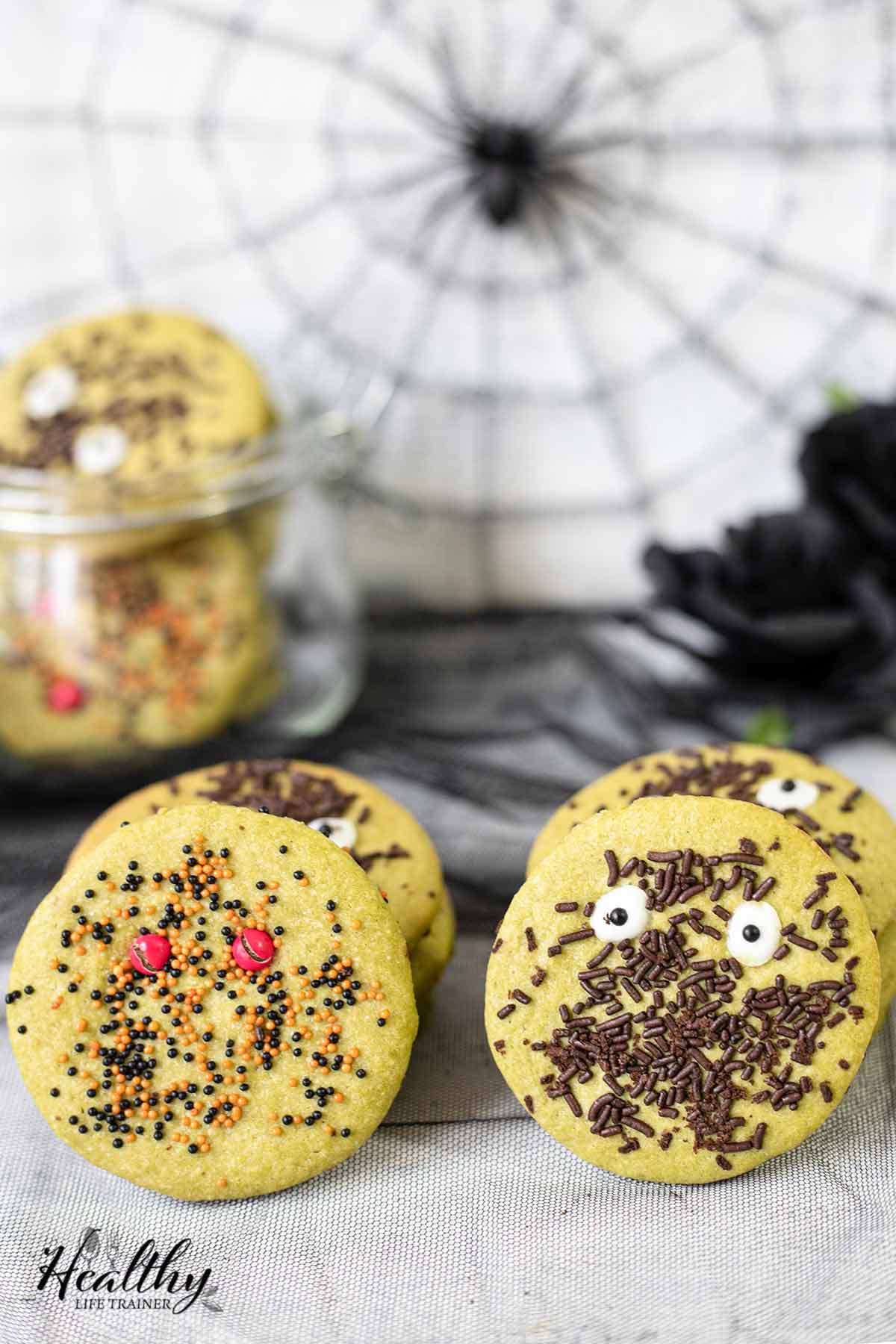 spooky Halloween-themed cookies with different decorations.