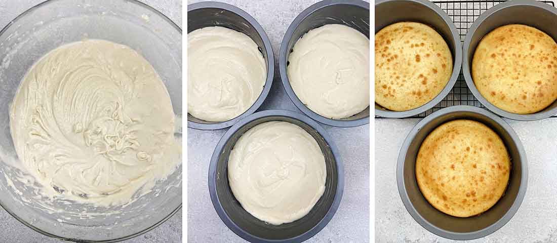 Pour the batter evenly into the three cake tins and bake.