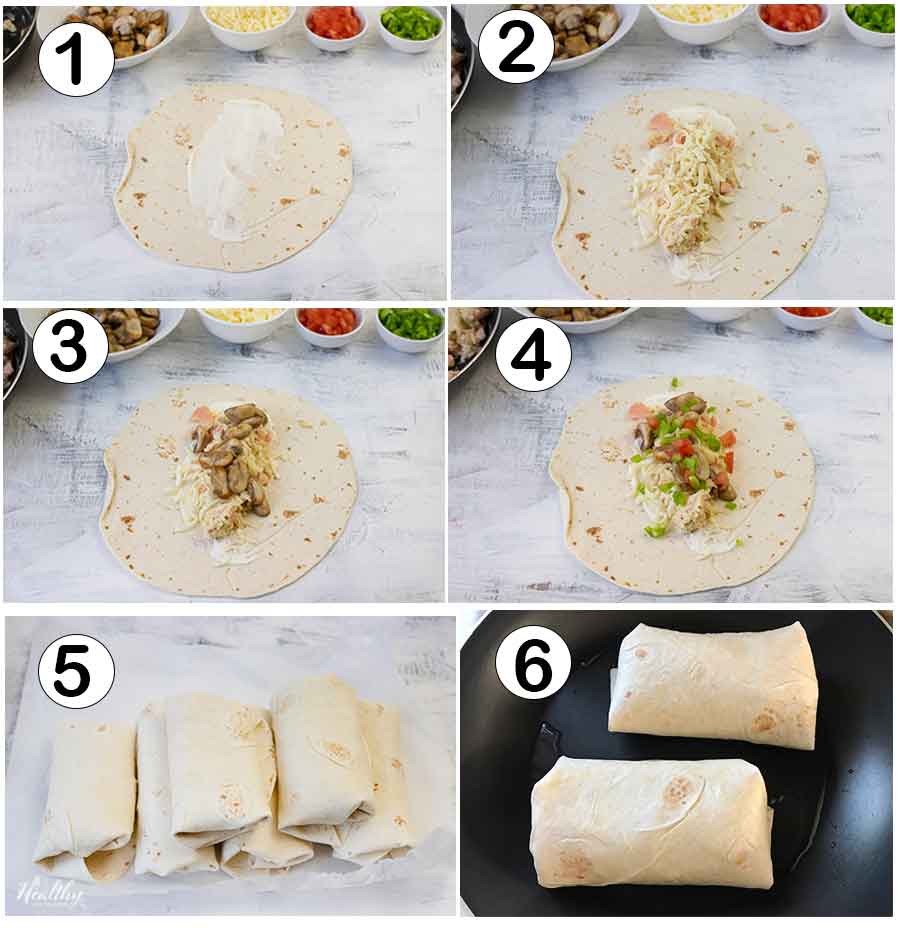 Step by step assembling the toasted breakfast burritos.