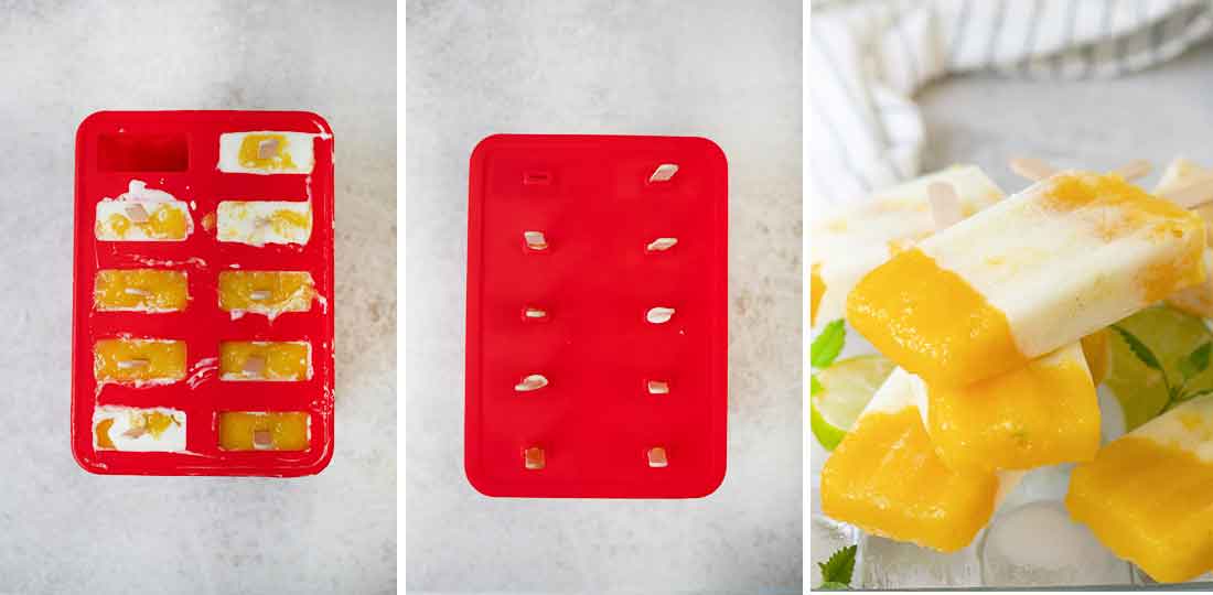 Alternate spoonfuls of the coconut yogurt and the mango puree into the lolly molds.