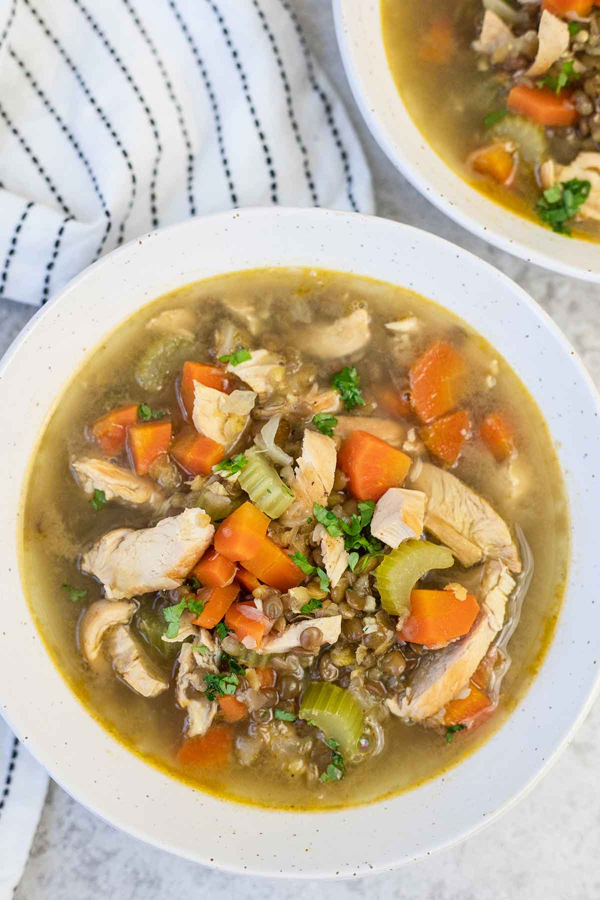 A bowl of chicken lentil soup with carrot and celery.