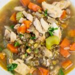 chicken lentil soup with celery and carrot in a bowl.