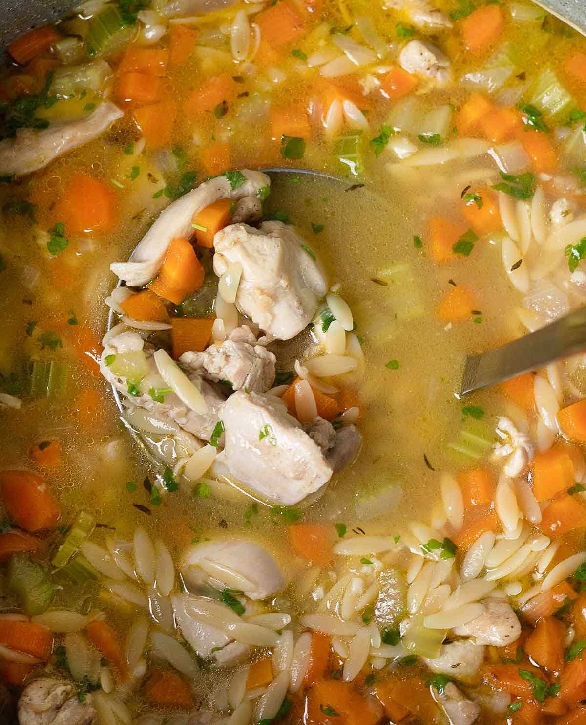 Scooping the lemon chicken orzo soup from the pot with ladle.