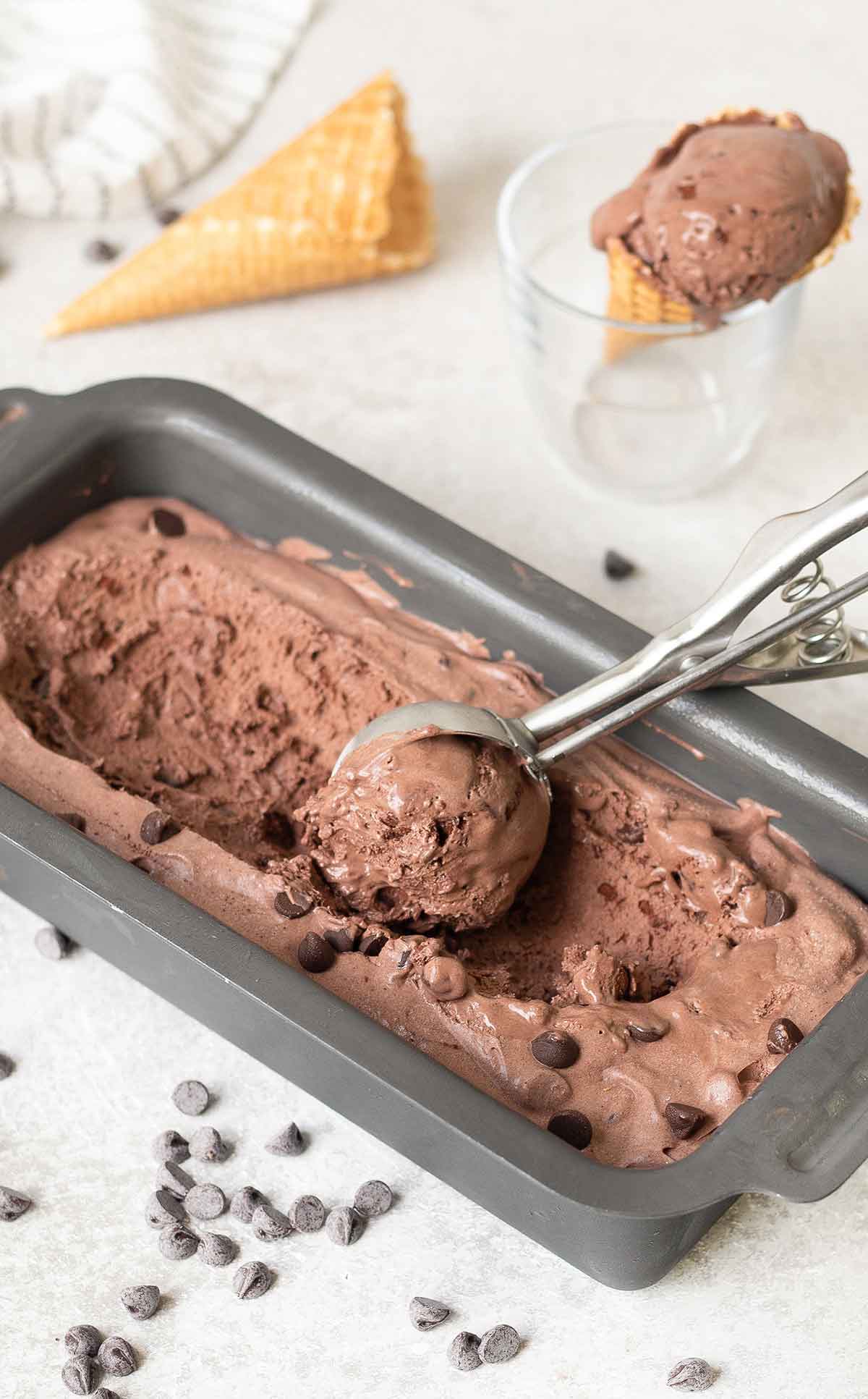 Old Fashioned Homemade Chocolate Ice Cream in a loaf tin.