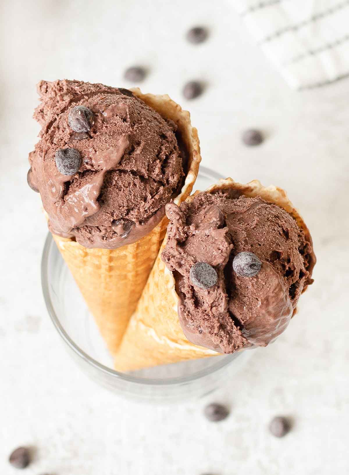 2 cones of Old Fashioned Homemade Chocolate Ice Cream in a glass.