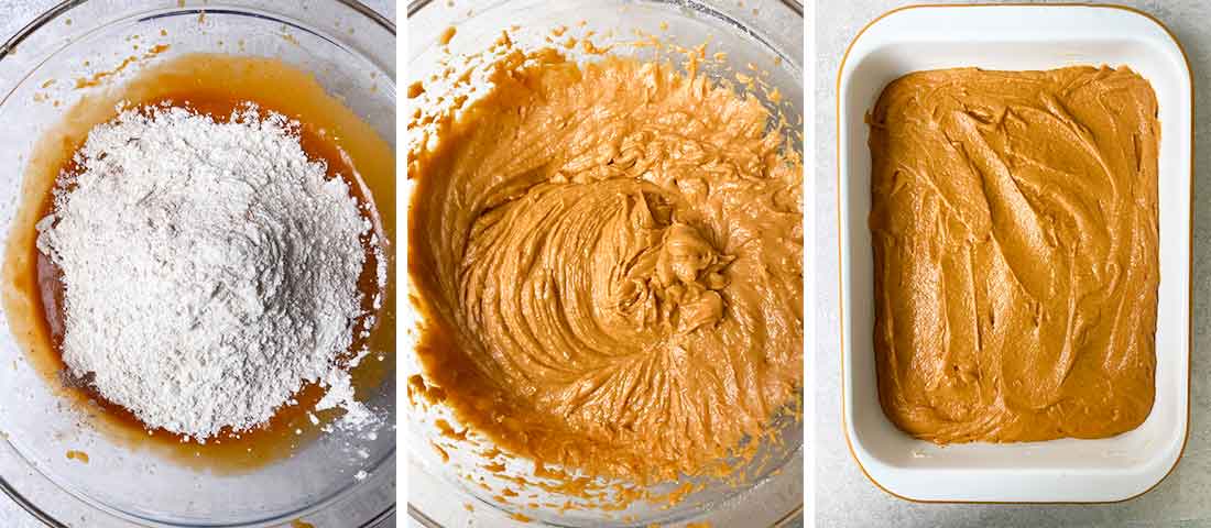 fold the flour mixture into the pumpkin mixture. Spread the batter into the baking sheet.