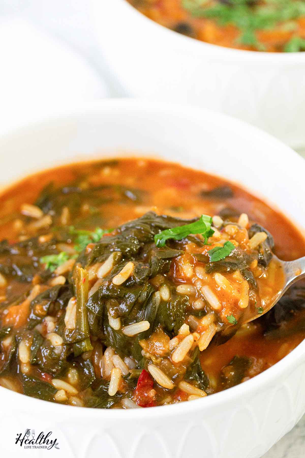 A spoonful of African spinach stew with rice.